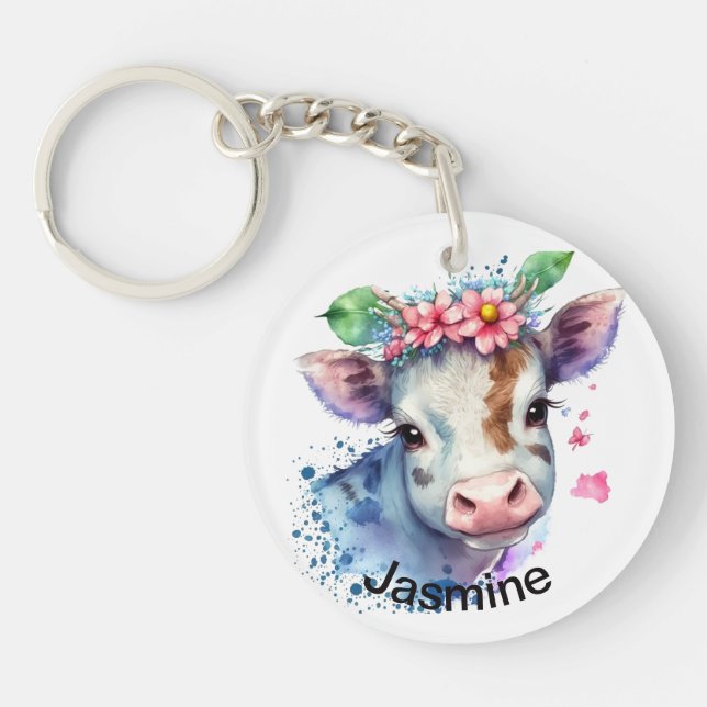 Porte-clefs Vache mignonne avec votre nom clé de ferme d'aquar (Devant)