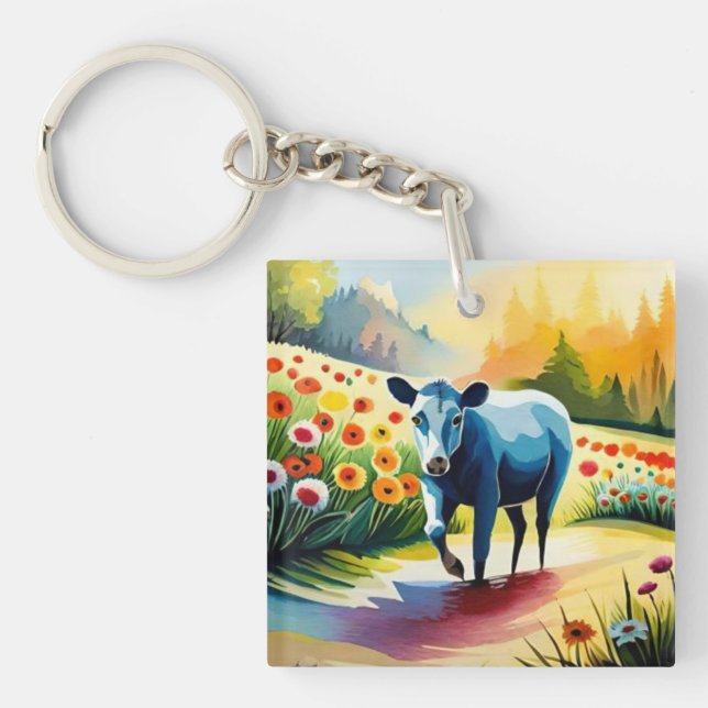 Porte-clefs Vache mignonne dans le champ floral (Devant)