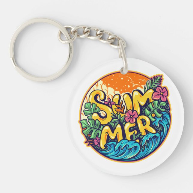 Porte-clefs Vagues tropicales typographiques estivales (Devant)
