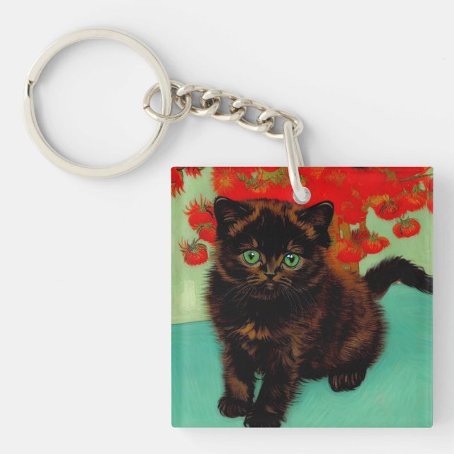Porte-clefs Van Gogh Chat noir Fleurs rouges (Devant)