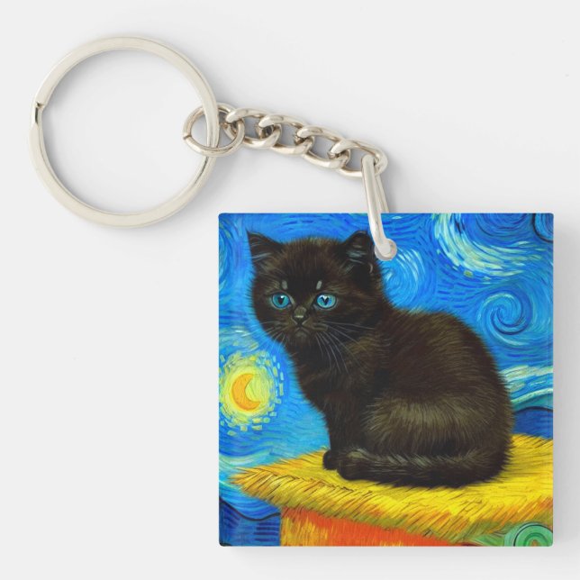 Porte-clefs Van Gogh Style Starry Night Cat (Devant)