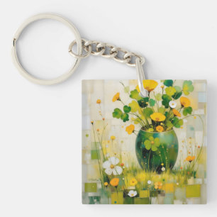 Porte-clefs Vase vert de fleurs irlandaises et trèfles