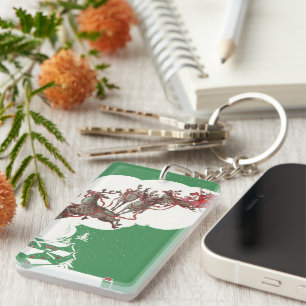 Porte-clefs Veille de Noël vintage, Père Noël rétro en traînea