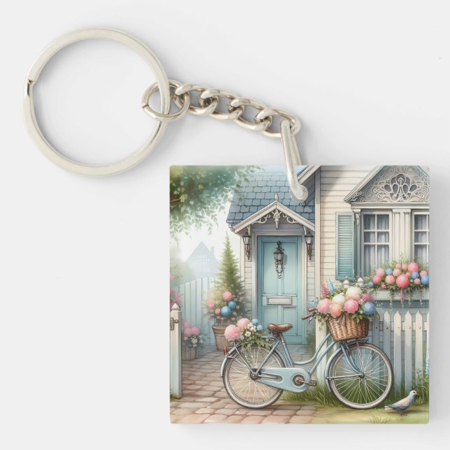 Porte-clefs Vélo de chalet bleu avec panier à fleurs de printe (Devant)