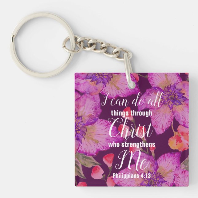 Porte-clefs Vers de bible de 4h13 de Philippiens floral (Devant)