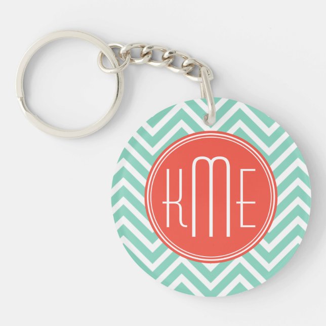Porte-clefs Vert chic Chevron d'Aqua et monogramme fait sur (Devant)