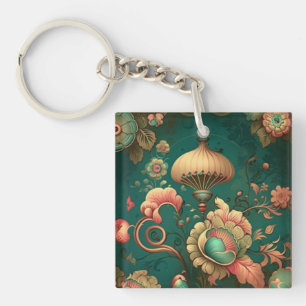 Porte-clefs Vert floral design rétro vintage