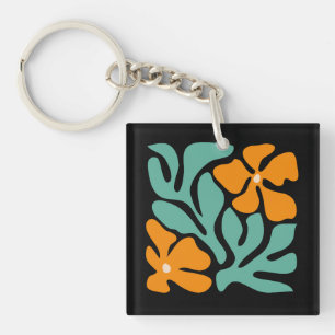 Porte-clefs Vert & Orange Floral Abstrait Moderne