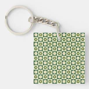 Porte-clefs Vert sauge rétro et damier de marguerite crème 