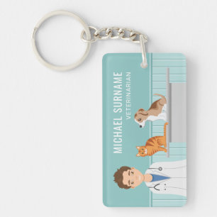 Porte-clefs Vétérinaire Homme avec Chat et Chiot Nom Personnal