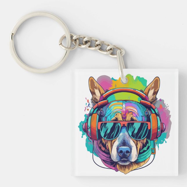 Porte-clefs Vibes canines super : Chien Cool avec casque (Devant)