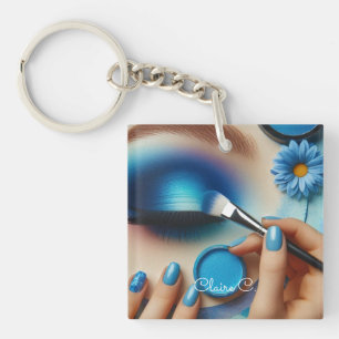 Porte-clefs Vibes de maquillage en verre bleu personnalisées