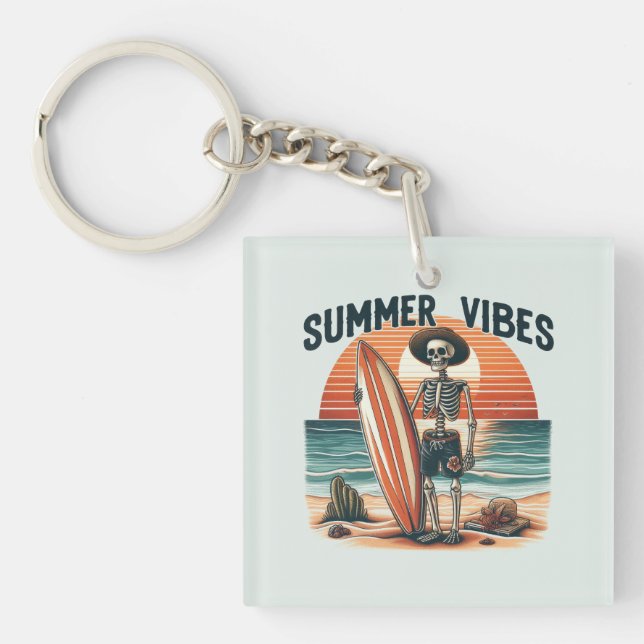 Porte-clefs Vibes d'été Skeleton Surfer Sunset Beach Design (Devant)