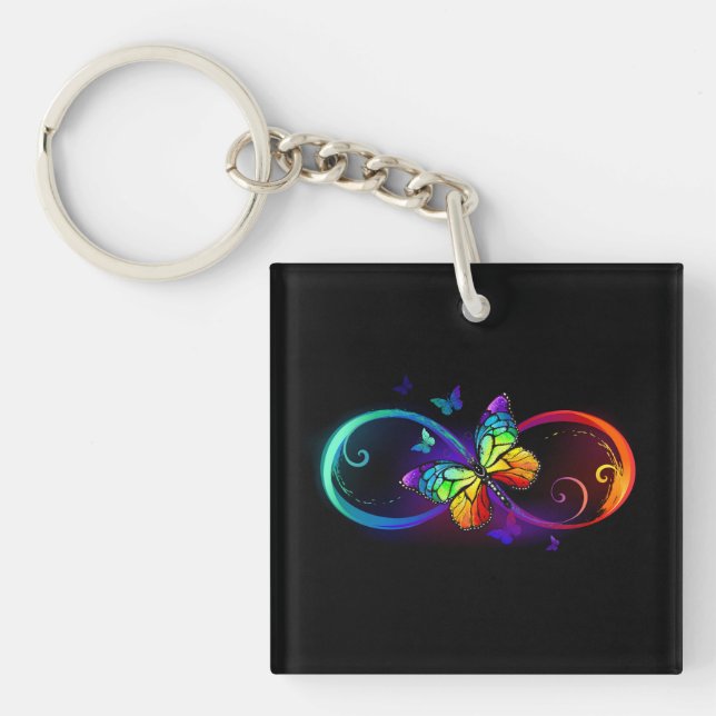 Porte-clefs Vibrant infinity with rainbow butterfly on black (Devant)