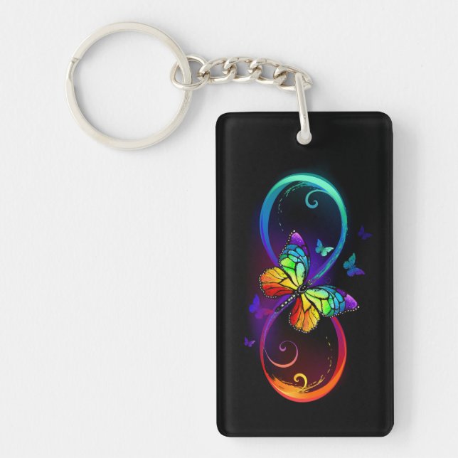 Porte-clefs Vibrant infinity with rainbow butterfly on black (Devant)