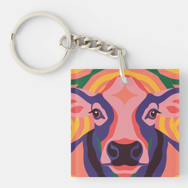Porte-clefs Vibrant Pop Art Cow Face Portrait (Devant)