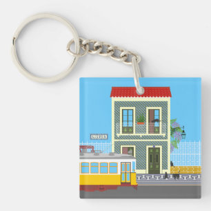 Porte-clefs Vieille maison de Lisbonne avec chats et tramway j