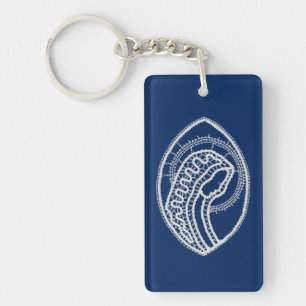 Porte-clefs Vierge Marie, dentelle blanche, bleu marine