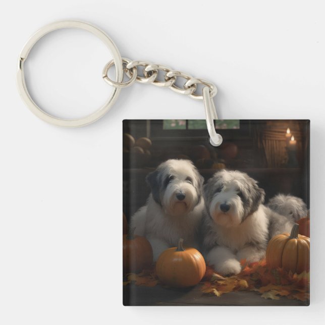Porte-clefs Vieux anglais Sheepdog Chiot Chiot Automne Citroui (Devant)