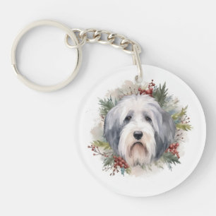 Porte-clefs Vieux anglais Sheepdog Christmas Wreath Festive Pu