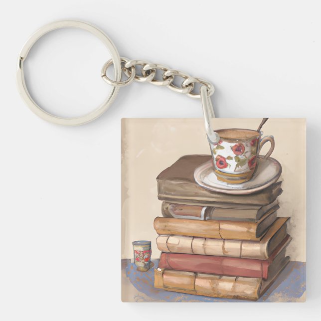 Porte-clefs Vieux livres Vintages et une coupe de café (Devant)