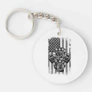 Porte-clefs Vieux Véhicule Musclé Piston Drapeau Américain Drô