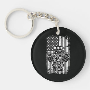 Porte-clefs Vieux Véhicule Musclé Piston Drapeau Américain Méc