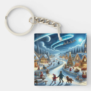 Porte-clefs Village de Noël Peinture sur scène neigeuse