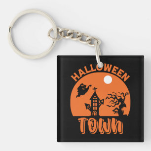 Porte-clefs Ville d'Halloween - Maison hantée et Citrouille