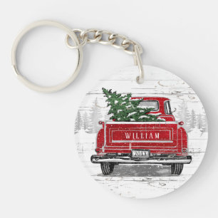 Porte-clefs Vintage Camion Rouge Arbre de Noël Nom Bois rusti