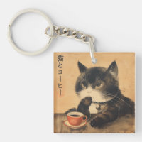 Vintage Japon art chat mignon avec une tasse de ca
