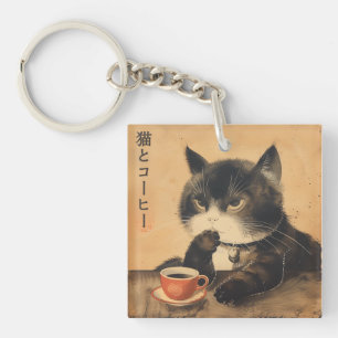 Porte-clefs Vintage Japon art chat mignon avec une tasse de ca