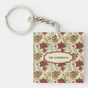 Porte-clefs Vintage rouge et or Poinsettia Floral Nom de la Cu