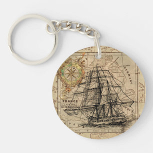Porte-clefs Vintage Sailing Ship and Old European Map