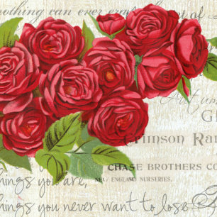 Porte-clefs Vintage Shabby Chic Roses Rouges Antique Script