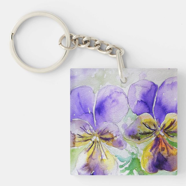 Porte-clefs Viola violet fleurs florales Aquarelle Peinture Ke (Devant)
