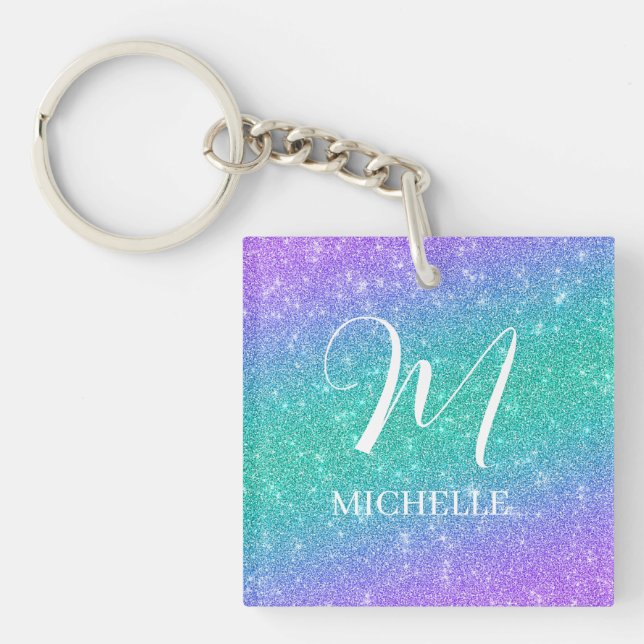 Porte-clefs Violet et Vert Faux Paillettes Nom et Initiale (Devant)