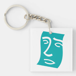 Porte-clefs Visage Abstrait Moderne en Art Linéaire Sarcelle