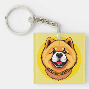 Porte-clefs Visage de chien Chow Chow souriant et chaîne dorée