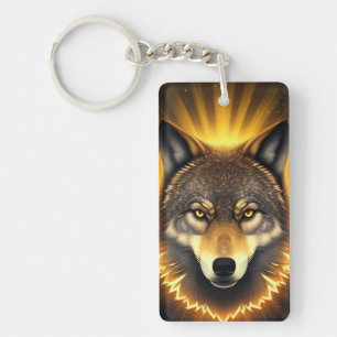 Porte-clefs Visage de Loup Doré Art Émanant une Énergie Lumine