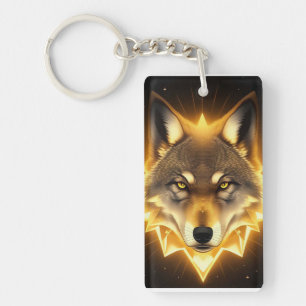 Porte-clefs Visage de Loup Doré Émanant une Énergie Lumineuse