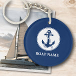 Porte-clefs Votre nom de bateau Ancre et corde Marine Blue 2 C<br><div class="desc">Un porte - clé acrylique à double face et personnalisé sur le thème nautique avec votre nom de bateau, nom de famille, capitaine ou autre texte désiré. Ce design unique présente un emblème d'ancre de bateau fait sur mesure avec une corde en bleu marine classique et accentué sur un cercle...</div>