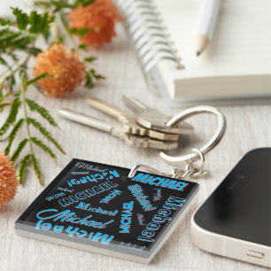 Porte-clefs Votre nom motif monogramme bleu rouge noir