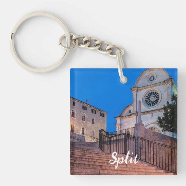 Porte-clefs Vue nocturne des escaliers et de l'église à Split, (Devant)