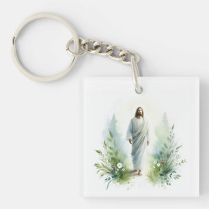 Porte-clefs Watercolor Jesus Christ with Botanical Elements –
