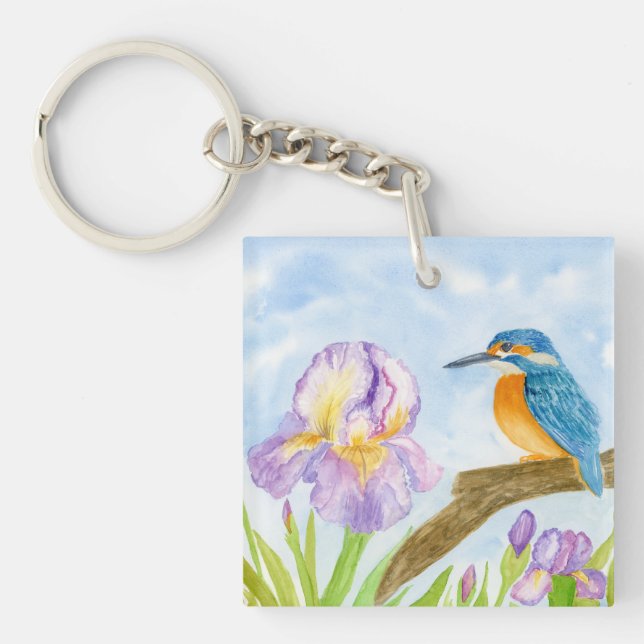Porte-clefs Watercolor Kingfisher with Purple Irises (Devant)