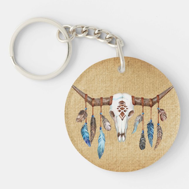 Porte-clefs Watercolor Western skull with Feathers (Devant)