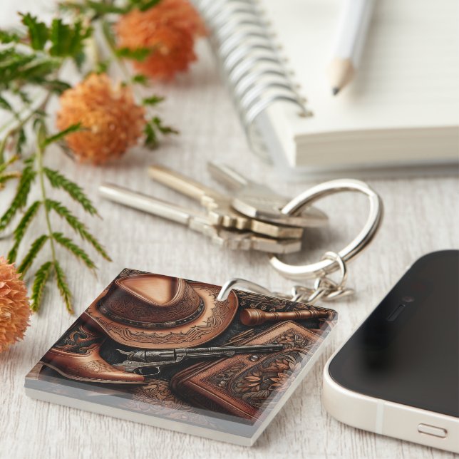 Porte-clefs Western Trio : Casquette, Bottes, Revolver (Devant Droit)