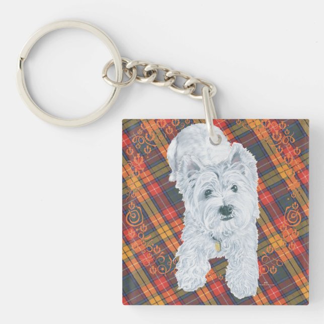 Porte-clefs Westie sur Tartan (Devant)