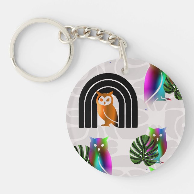 Porte-clefs Whimsical Boho Owl & Tropical Monstera Leaf (Devant)